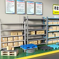 Warehouse Inspection Area With Shelves Boxes Pallets And Fire Extinguisher 3d model