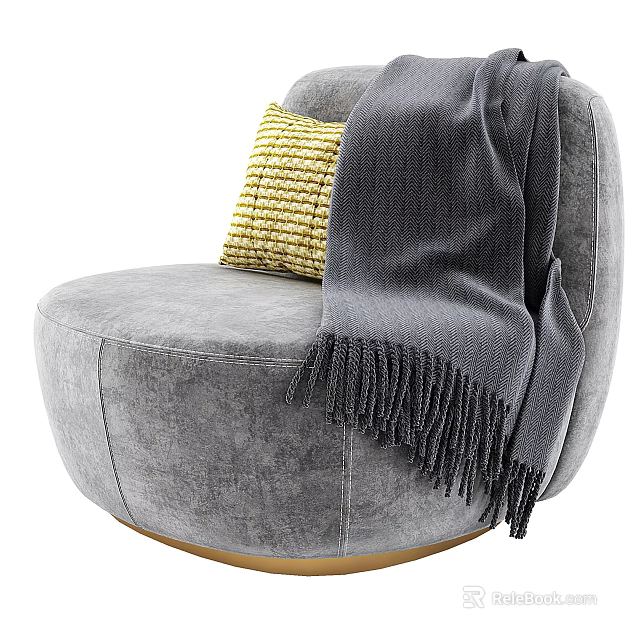 Gray Velvet Single Sofa with Yellow Woven Pillow and Gray Fringed Blanket on Golden Base 3d model 