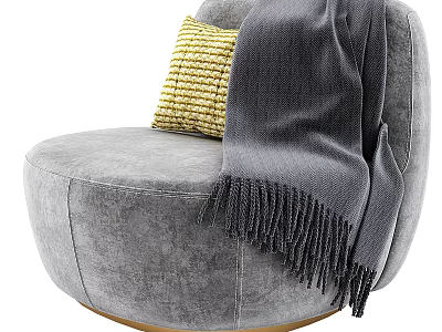 Gray Velvet Single Sofa with Yellow Woven Pillow and Gray Fringed Blanket on Golden Base 3d model