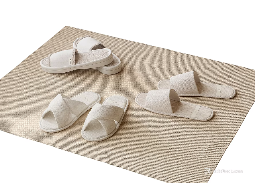 Modern Beige Coffee Table Displaying White And Beige Slippers On Beige Mat 3d model 