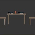 Wooden Dining Table Set With Chairs Blue Plates Red Cups And Cutlery