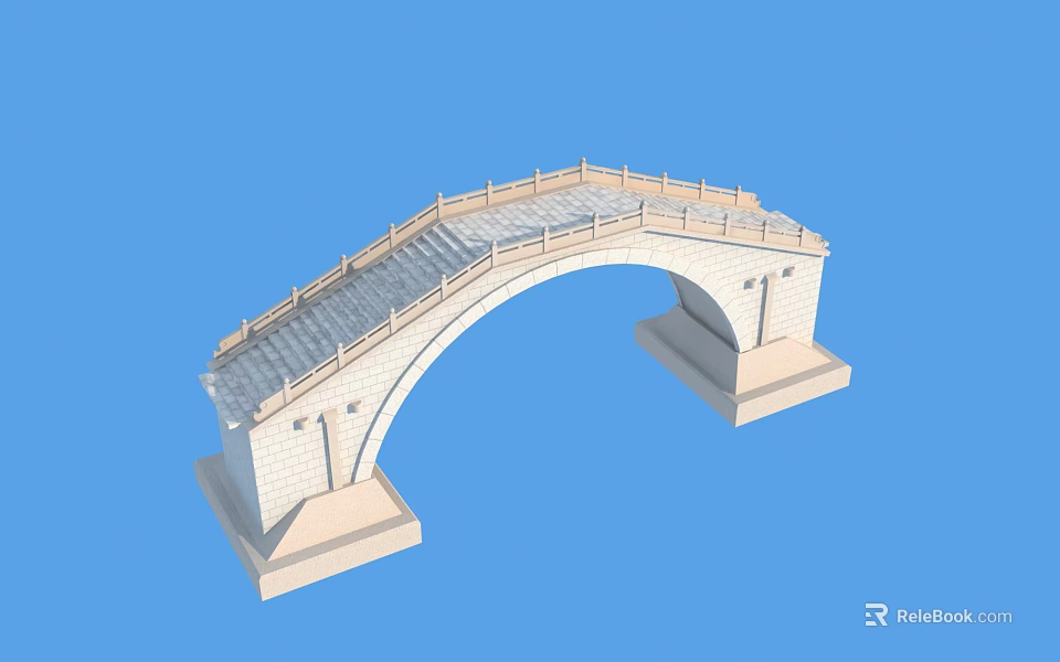 3D Model of Stone Arch Bridge with Railings and Blue Background 3d model 