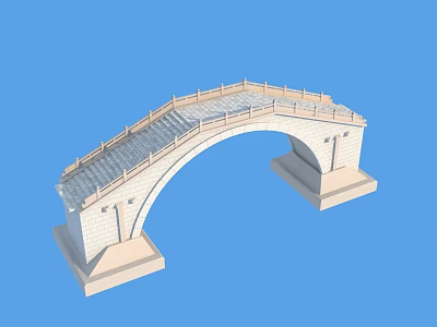 3D Model of Stone Arch Bridge with Railings and Blue Background 3d model