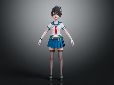 Anime Style 3D Character Model In Sailor School Uniform With Pleated Skirt And Thigh High Socks 3d model
