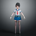Anime Style 3D Character Model In Sailor School Uniform With Pleated Skirt And Thigh High Socks