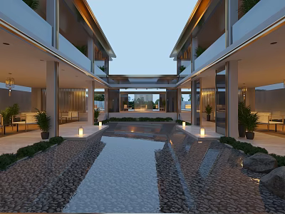 Modern Courtyard Garden Landscape With Central Water Pool Greenery And Lighting 3d model