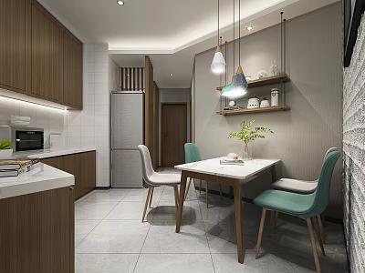 Modern Minimalist Restaurant Interior With Wooden Cabinets White Countertop Dining Table Green Chairs Hanging Lights 3d model