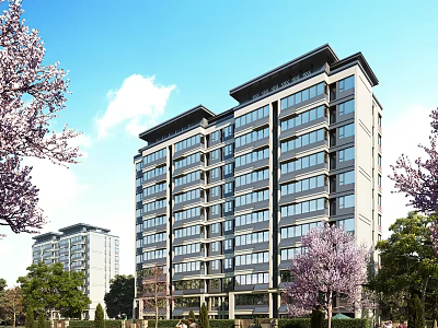 Tall Modern Residential Building With Glass Windows Surrounding Purple Flowering Trees And Blue Sky 3d model