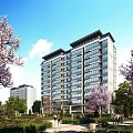 Tall Modern Residential Building With Glass Windows Surrounding Purple Flowering Trees And Blue Sky