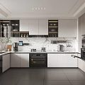 Modern Kitchen Interior With White Cabinets Marble Countertop And Black Appliances
