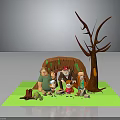 Group Of Cartoon Characters With Forest Creatures Near Cave And Tall Tree In Grass
