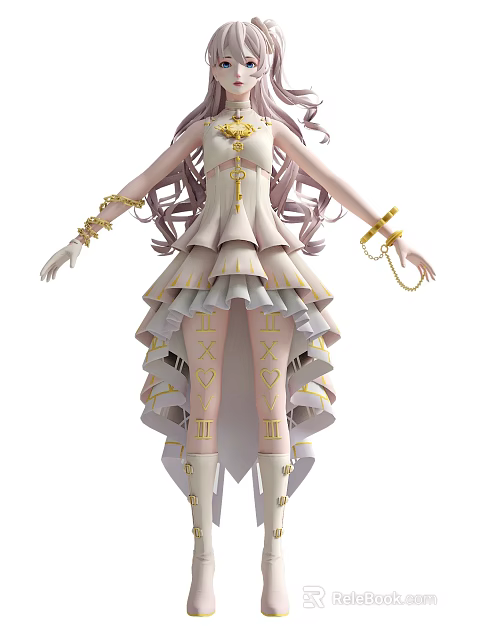 Woman In White Dress With Pink Long Hair Golden Decorations Layered Skirt Leg Symbols And Chains 3d model 