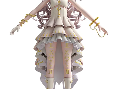 Woman In White Dress With Pink Long Hair Golden Decorations Layered Skirt Leg Symbols And Chains 3d model