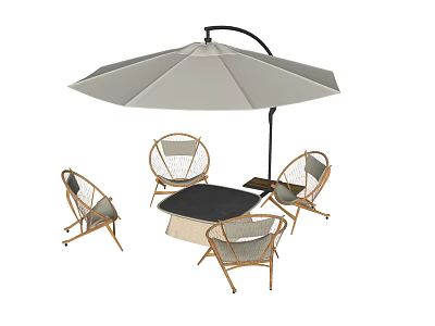 Outdoor Table and Chair Set with Rattan Chairs Black Tabletop and Grey Umbrella 3d model