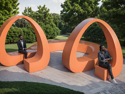 Orange Curved Landscape Seating in Outdoor Park With Green Trees And Natural Surroundings 3d model
