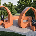 Orange Curved Landscape Seating in Outdoor Park With Green Trees And Natural Surroundings