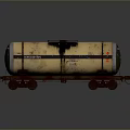 Yellow Rusty Tank Car With Black Stripe On Rails Against Gray Background