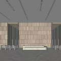 Modern Lobby Reception Desk With Wooden Slat Walls And Polished Marble Floor