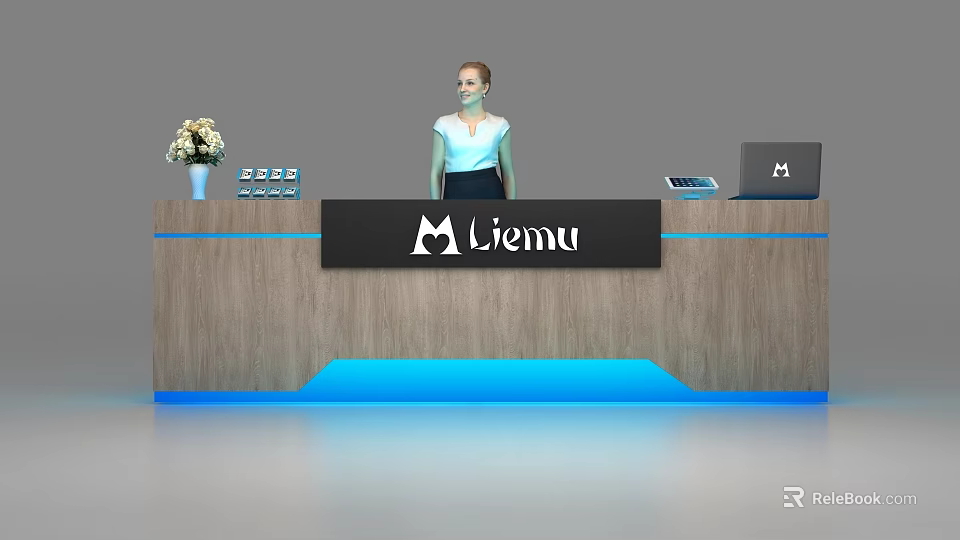 Wooden Reception Desk With Liemu Logo Blue Lighting Receptionist And Office Items 3d model 