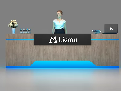 Wooden Reception Desk With Liemu Logo Blue Lighting Receptionist And Office Items 3d model
