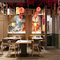 Japanese Restaurant Interior With Cherry Blossom Decor Lanterns Wave Murals And Wooden Tables Chairs