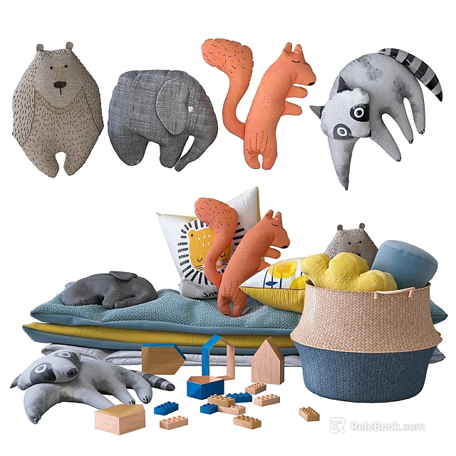 Children's Sofa Set Featuring Plush Animal Toys Soft Pillows And Wooden Blocks 3d model 