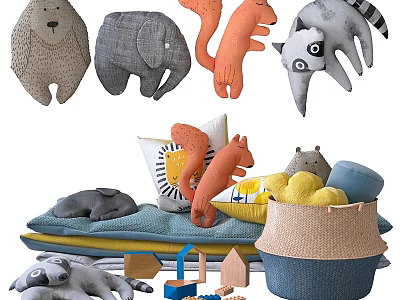 Children's Sofa Set Featuring Plush Animal Toys Soft Pillows And Wooden Blocks 3d model