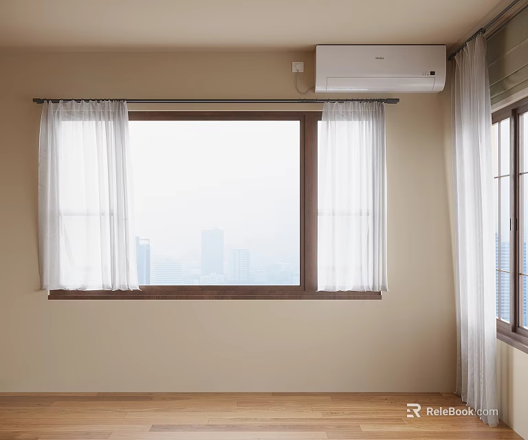 Casement Window With White Curtains Overlooking City View In Beige Wall Room With Wooden Floor 3d model 