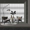 Modern Table and Chair Set with Floor Lamp Potted Plant Round Rug and Window Blinds