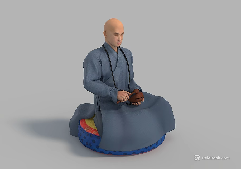 Bald man in gray robe sitting cross-legged on colorful cushion holding wooden bowl 3d model 