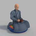 Bald man in gray robe sitting cross-legged on colorful cushion holding wooden bowl