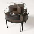 Wooden And Glass Circular Display Shelf With Black Metal Legs And Multiple Layers