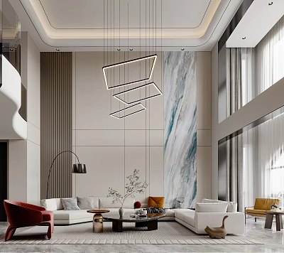 Modern Duplex Living Room Interior With Spacious Design And Stylish Lighting 3d model