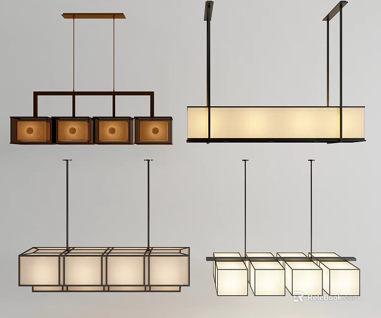 Modern Minimalist Pendant Lights With Wooden Frames And Rectangular Fabric Shades 3d model