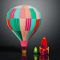 Colorful Patchwork Hot Air Balloon with Small Toy Rockets on Dark Background