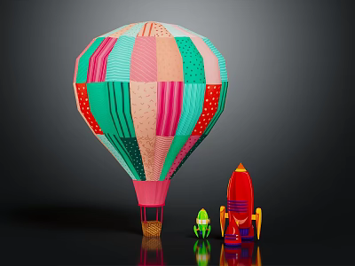 Colorful Patchwork Hot Air Balloon with Small Toy Rockets on Dark Background 3d model