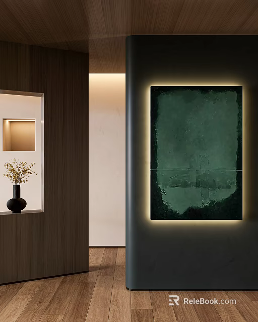 Green Abstract Painting With Illuminated Frame In Modern Interior Wall Decor 3d model 