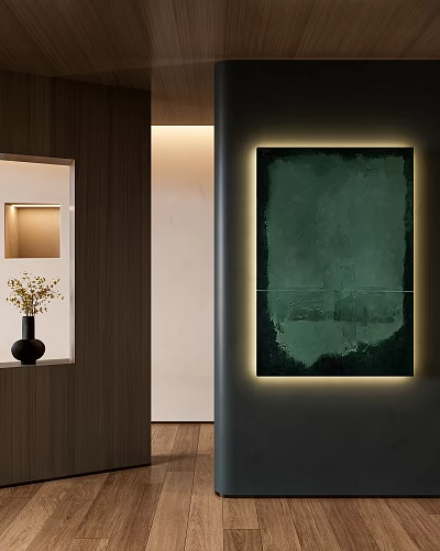 Green Abstract Painting With Illuminated Frame In Modern Interior Wall Decor 3d model