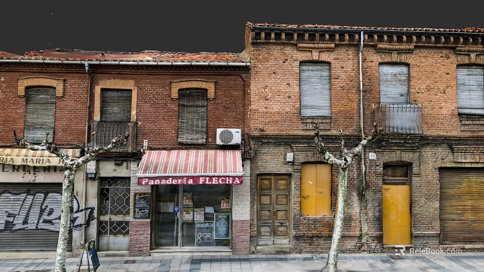 Urban Building Complex With Red Brick Buildings Bakery Pastry Shop Sign Windows Shutters Yellow Doors 3d model 
