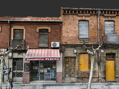 Urban Building Complex With Red Brick Buildings Bakery Pastry Shop Sign Windows Shutters Yellow Doors 3d model