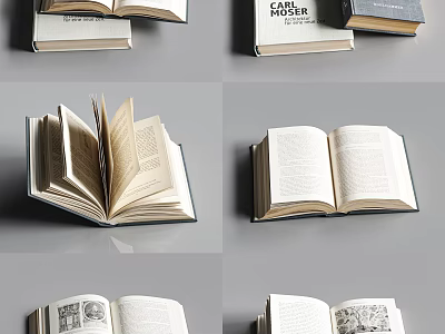 Open Books With Illustrations Stacked Hardcover Volumes And Inner Pages On Gray Background 3d model