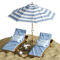 Blue Wicker Lounge Chairs With Striped Pillows Under Beach Umbrella On Sand