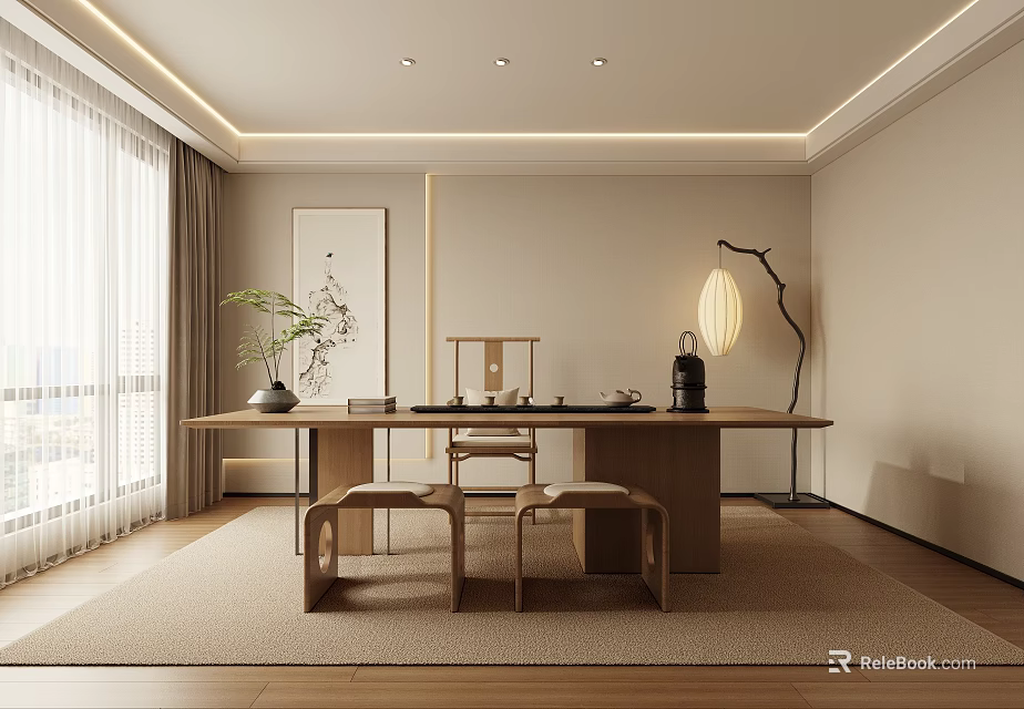 Minimalist Tea Room Interior With Wooden Table Stools Decorative Painting And Floor Lamp 3d model 