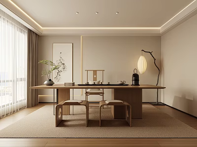 Minimalist Tea Room Interior With Wooden Table Stools Decorative Painting And Floor Lamp 3d model