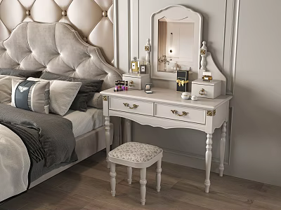 Elegant White Dressing Table With Mirror Drawers And Stool In Tufted Headboard Bedroom 3d model