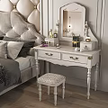 Elegant White Dressing Table With Mirror Drawers And Stool In Tufted Headboard Bedroom