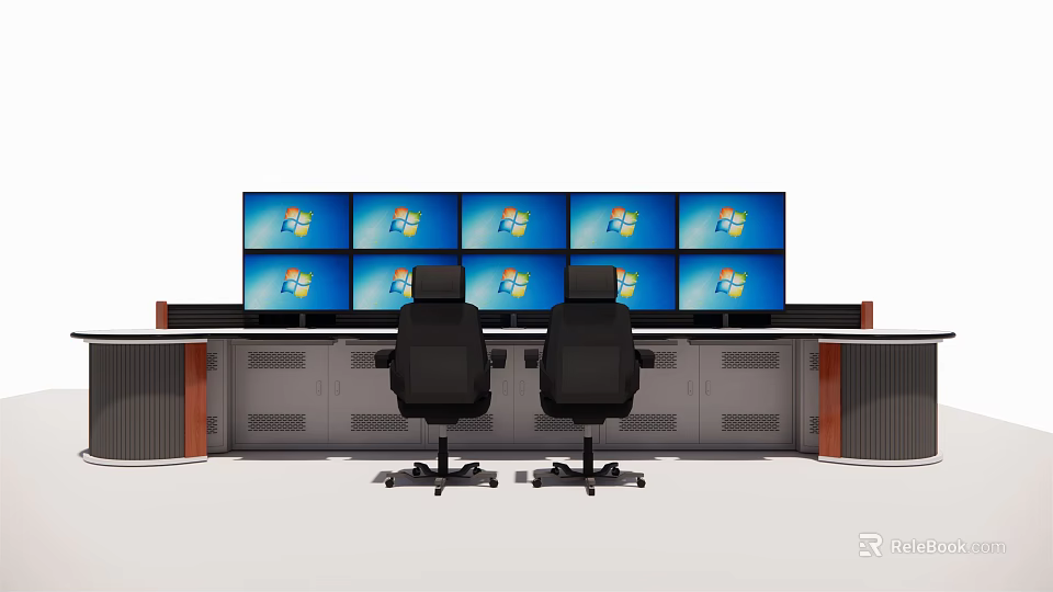 Office Console Desk Gray With Wooden Trim Featuring Multiple Windows Monitors And Black Rolling Chairs 3d model 