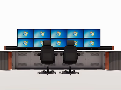 Office Console Desk Gray With Wooden Trim Featuring Multiple Windows Monitors And Black Rolling Chairs 3d model