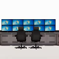 Office Console Desk Gray With Wooden Trim Featuring Multiple Windows Monitors And Black Rolling Chairs