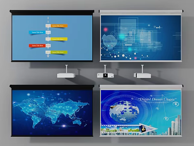 Projection Monitoring Screens Showing Real Time Data Visualization And Global Network Maps 3d model